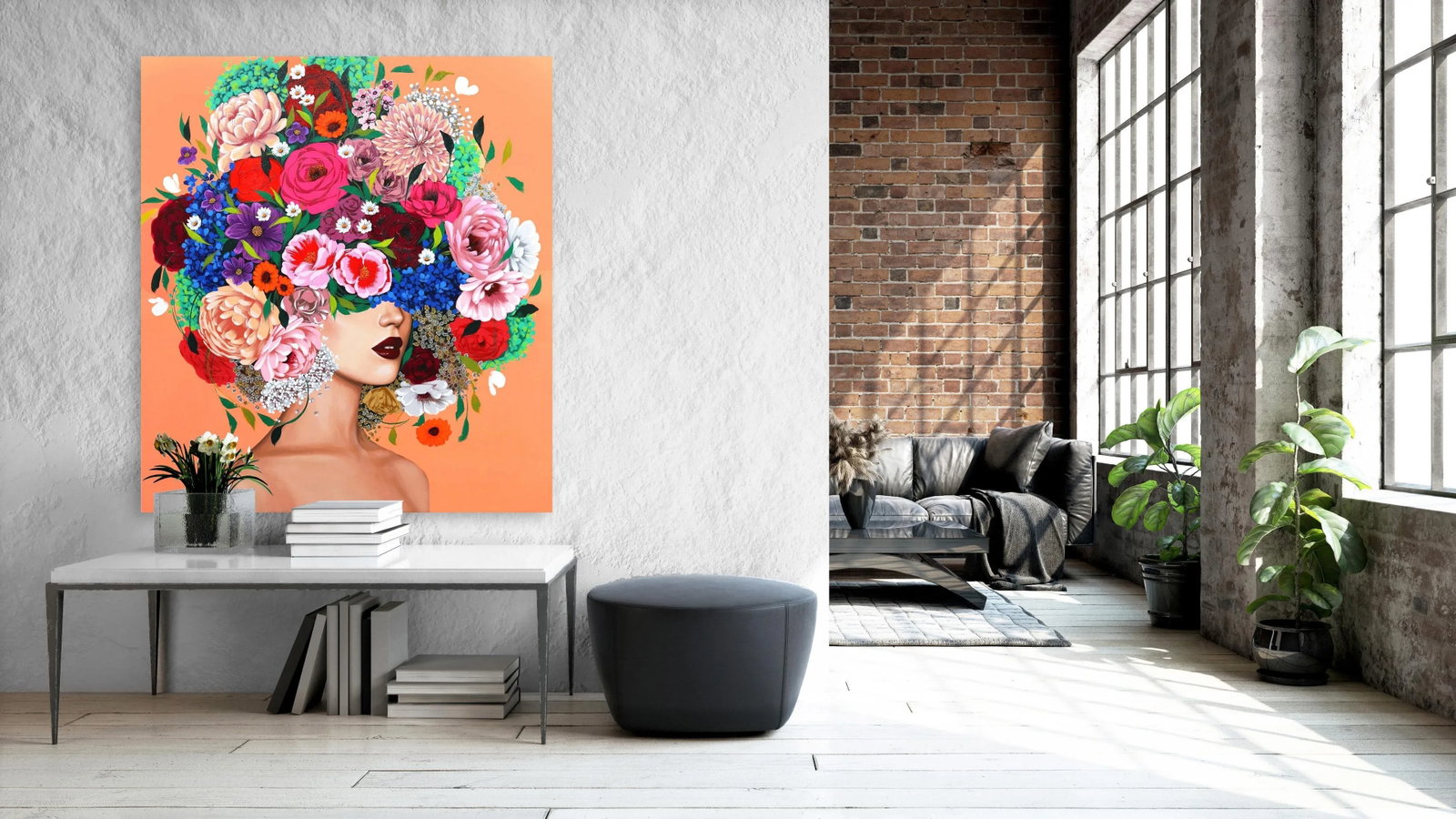 Floral Figurative Contemporary Painting "Peach Fluo" Original Artwork by Sally K - 9
