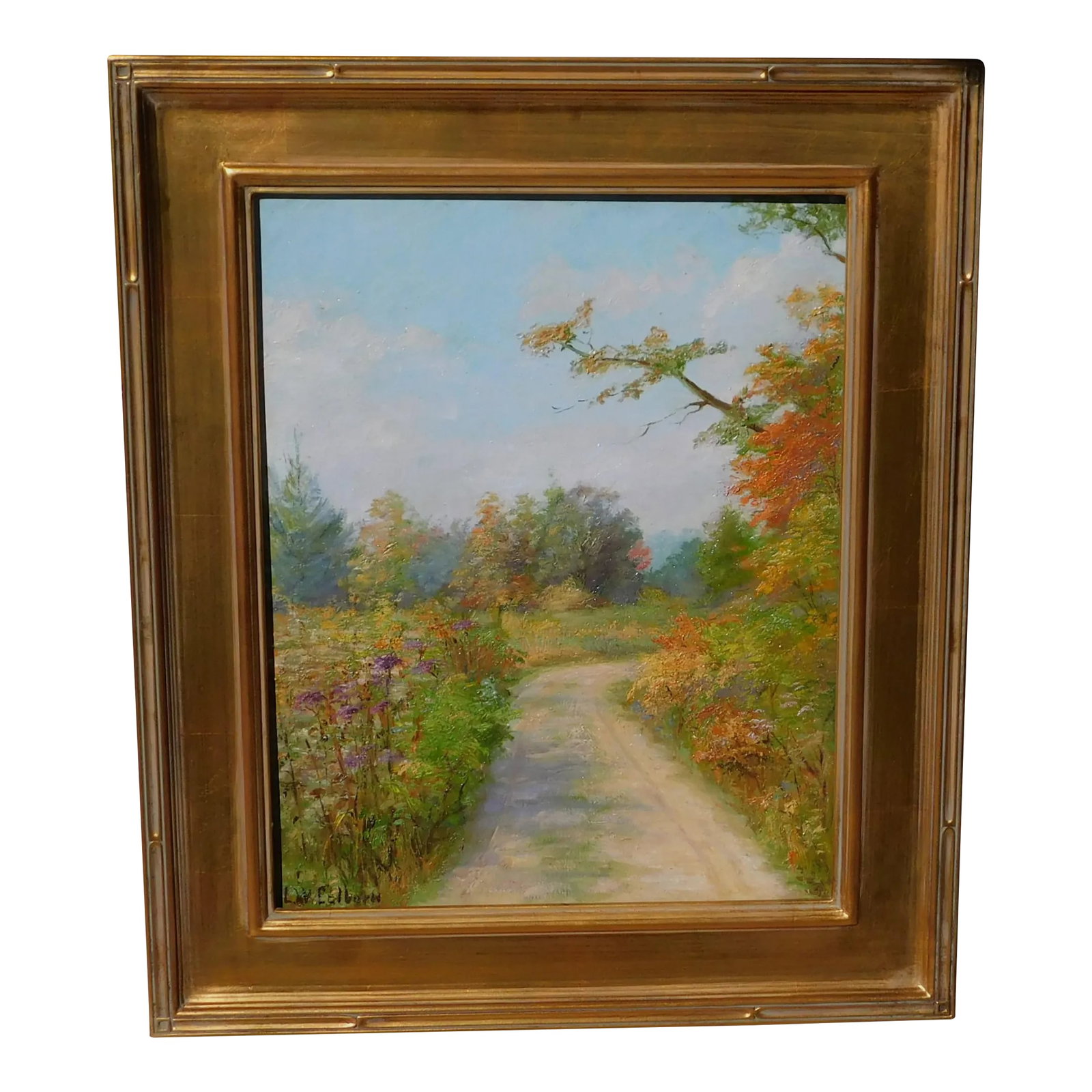 Vintage Signed Impressionist Oil Painting: Vintage impressionist oil painting on canvas signed lower left, mystery artist. Image size 20 x 16, newer frame. Painting in good antique condition, some minor cracklure in the sky. Thick impasto,