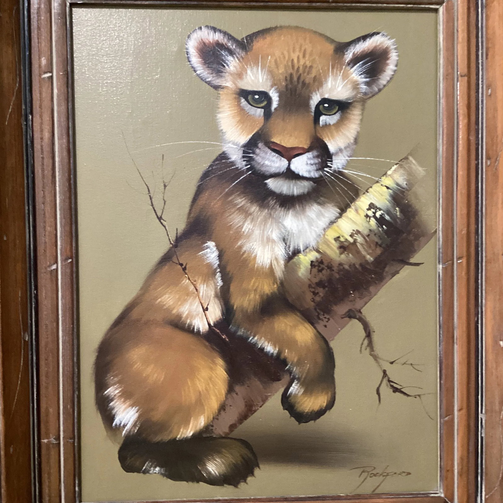 Vintage Lion Cub Portrait Oil Painting on Canvas by Rockford Framed - 2