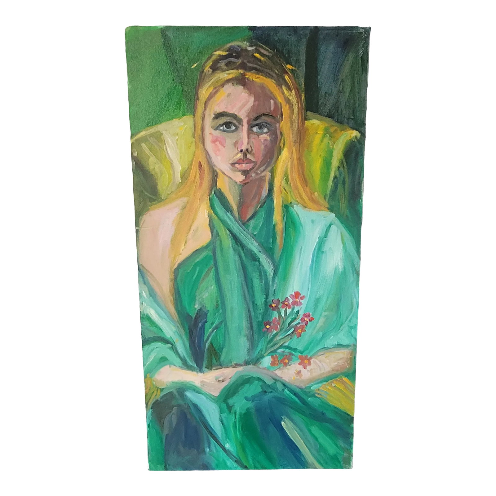 Girl With Flowers Expressionist Portrait Oil Painting by Rosemary Rabut: Girl with Flowers Expressionist Portrait Oil Painting by Rosemary Rabut Measures 12 x 24 Oil on stretched canvas Signed on back Artist: Rosemary Rabut Unframed To see more portraits from this artist