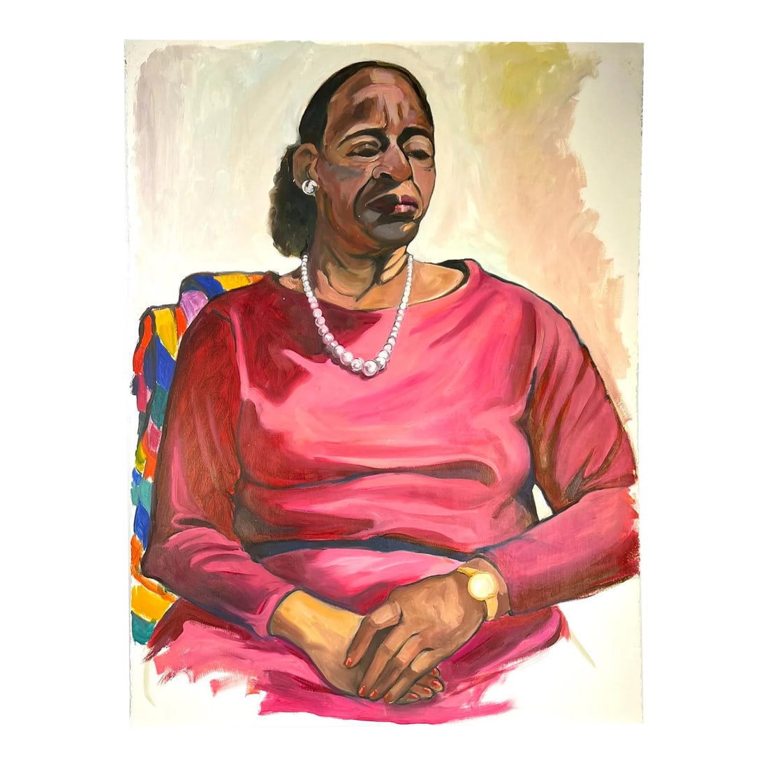 Woman With Pearls, Post-Impressionism Style Female Portrait Painting, Late-20th Century: Post-Impressionism Style Female Portrait, Acrylic on Paper, Late-20th Century. Fantastic pose and execution, sophisticated yet still casual. Unsigned - but done with skillful hand. * Title: Unknown
