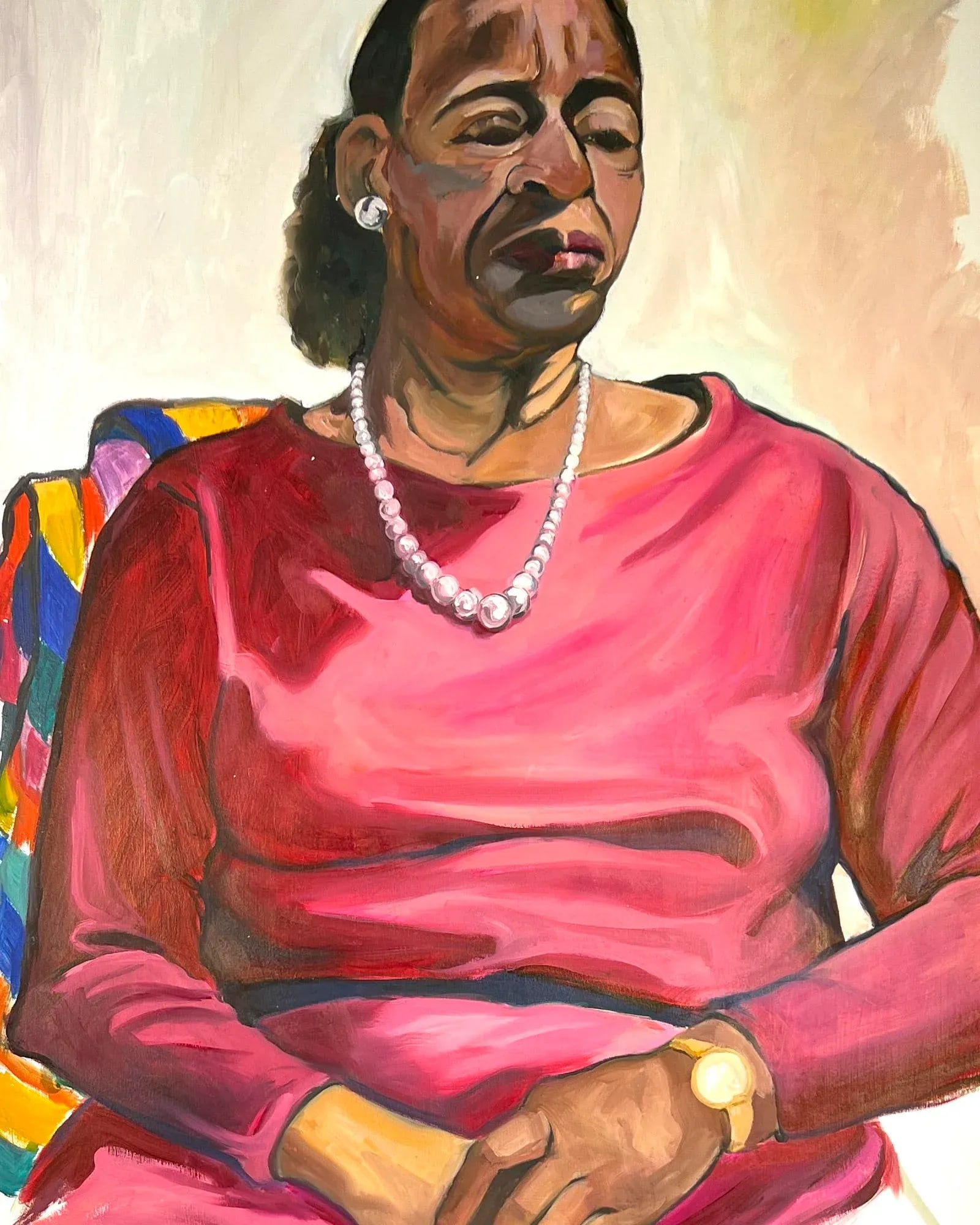 Woman With Pearls, Post-Impressionism Style Female Portrait Painting, Late-20th Century - 2