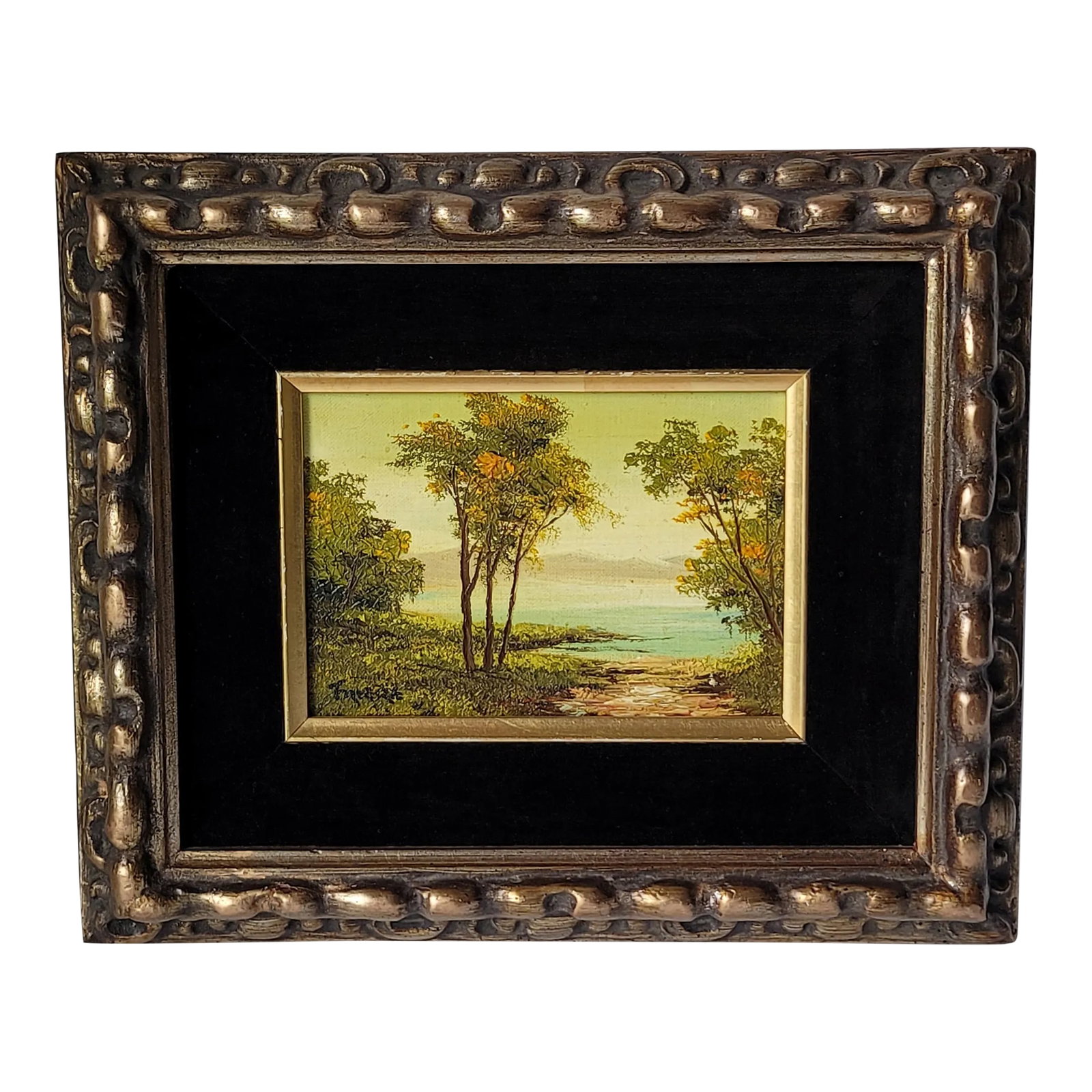 Vintage Trees and Water Landscape Oil Painting in Gold Frame: Vintage Trees and Water Landscape Oil Painting in Gold Frame Frame measures approx 11 x 13" Black velvet matting. Painting is canvas on wood and measures 4.5 x 6.5" Signed Frame shows some age. See