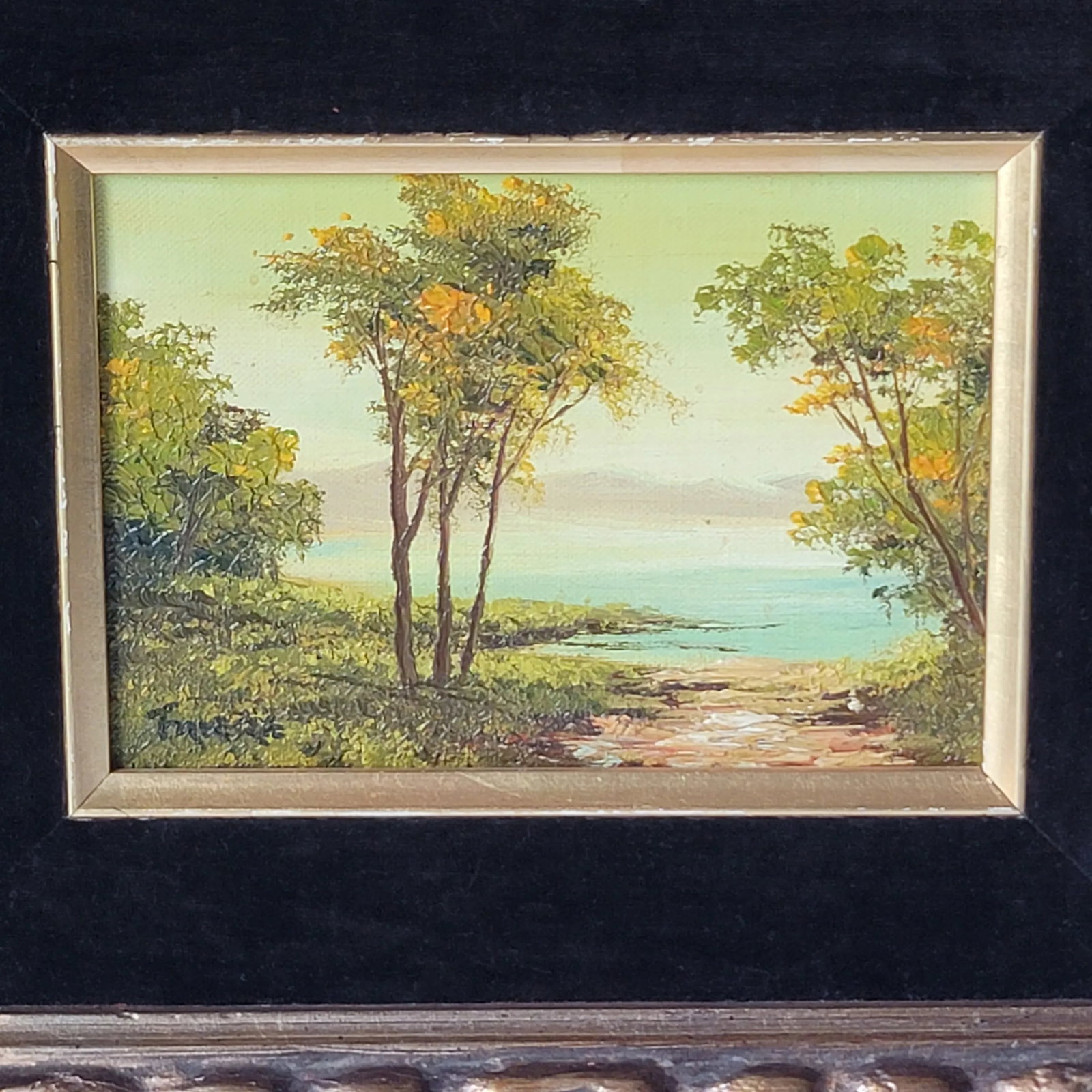 Vintage Trees and Water Landscape Oil Painting in Gold Frame - 2