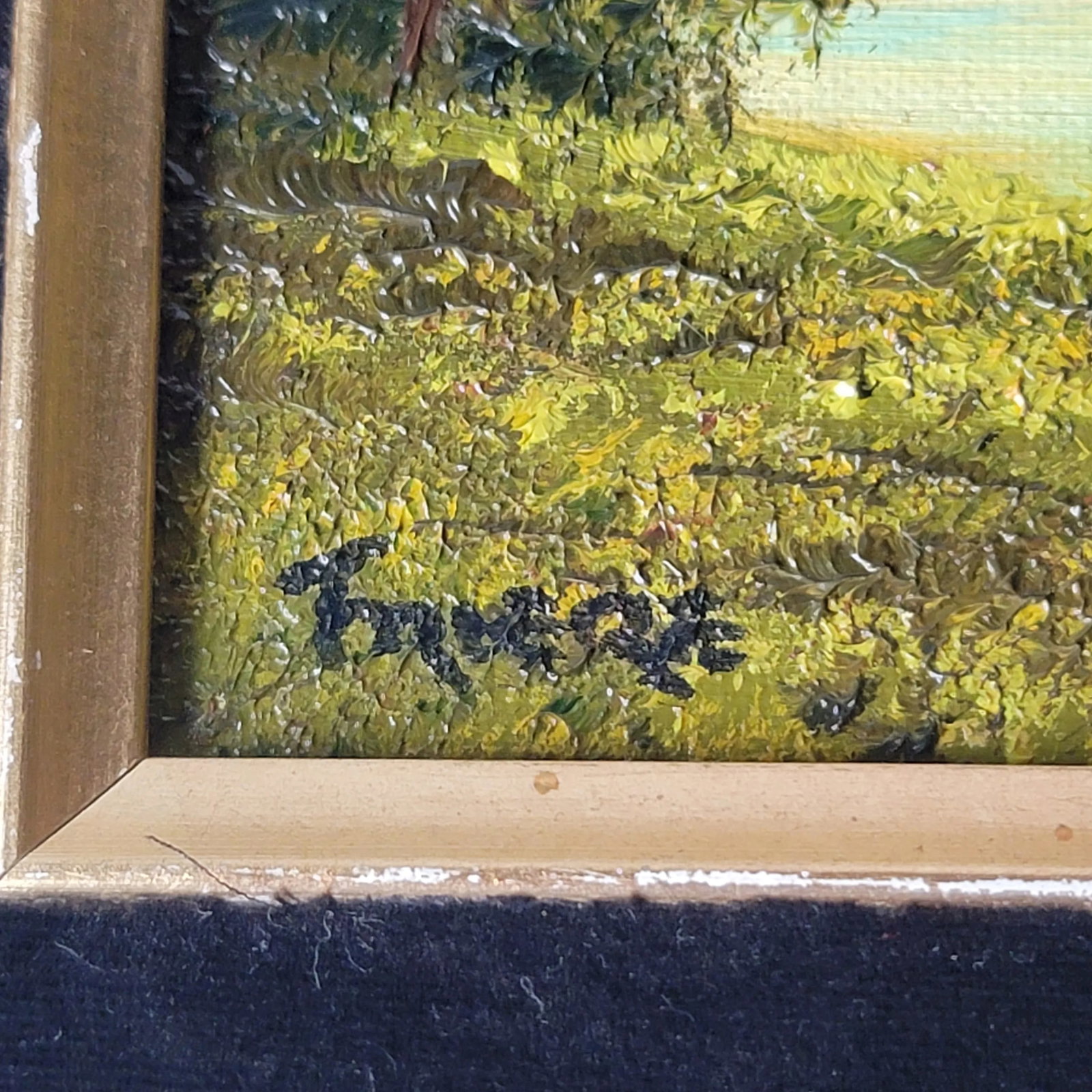 Vintage Trees and Water Landscape Oil Painting in Gold Frame - 3
