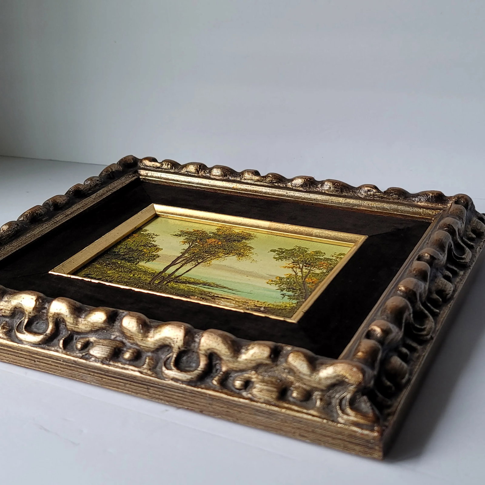 Vintage Trees and Water Landscape Oil Painting in Gold Frame - 4