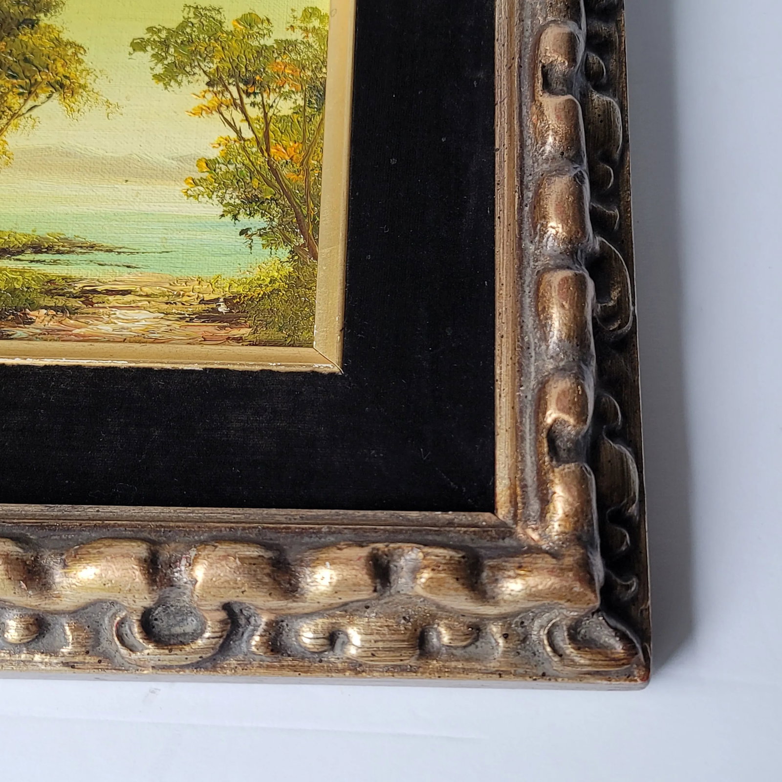Vintage Trees and Water Landscape Oil Painting in Gold Frame - 5
