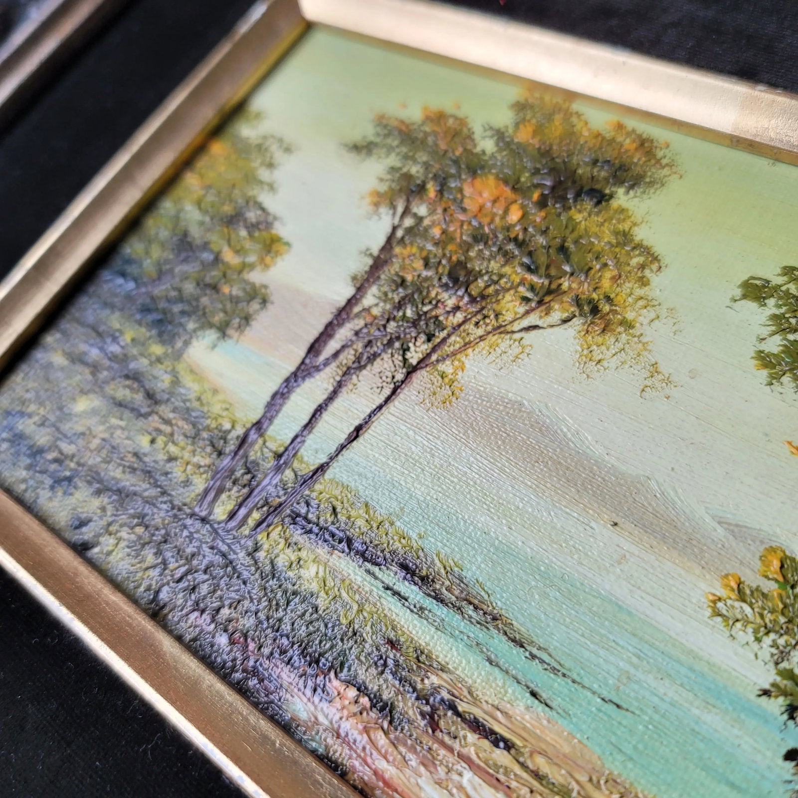 Vintage Trees and Water Landscape Oil Painting in Gold Frame - 6