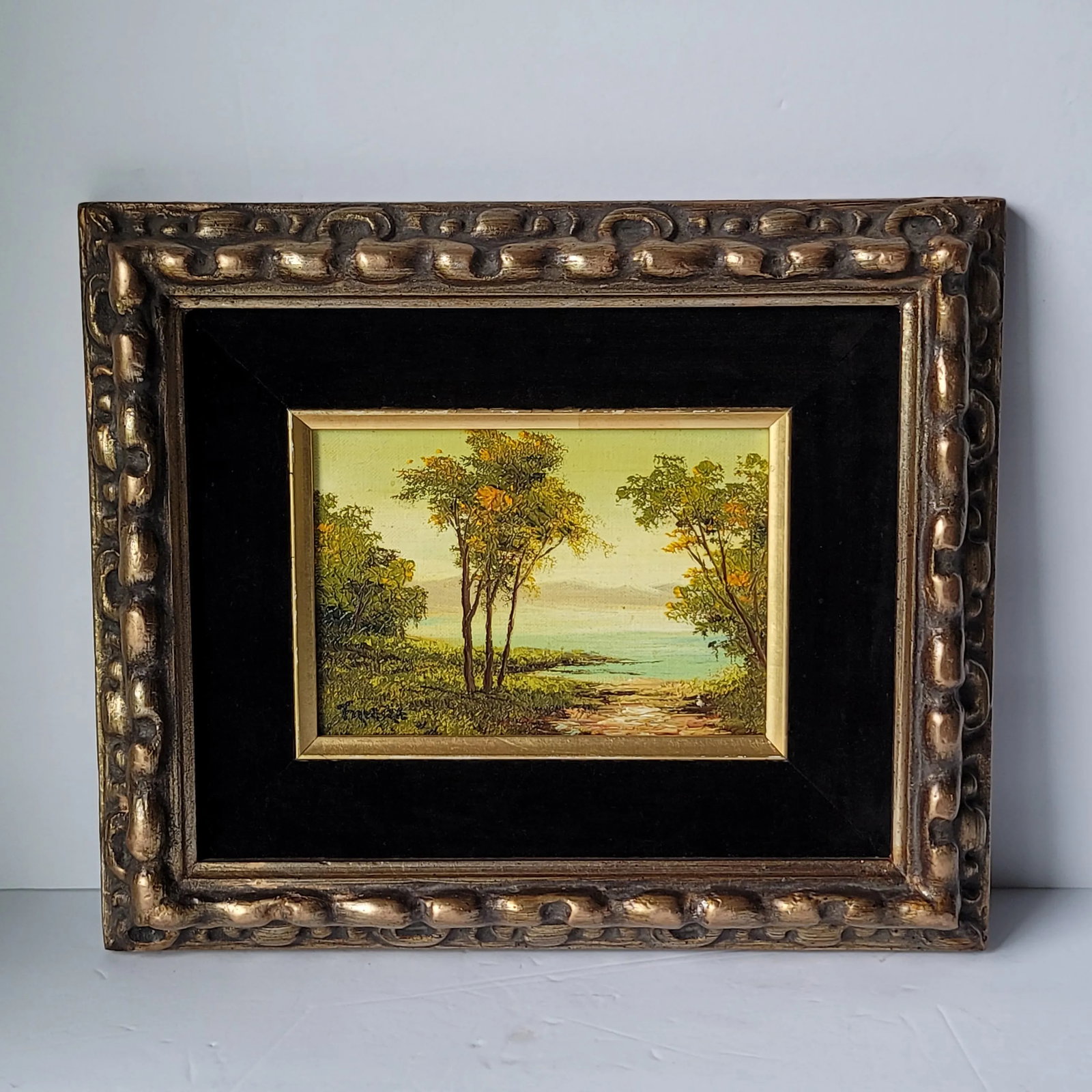 Vintage Trees and Water Landscape Oil Painting in Gold Frame - 7