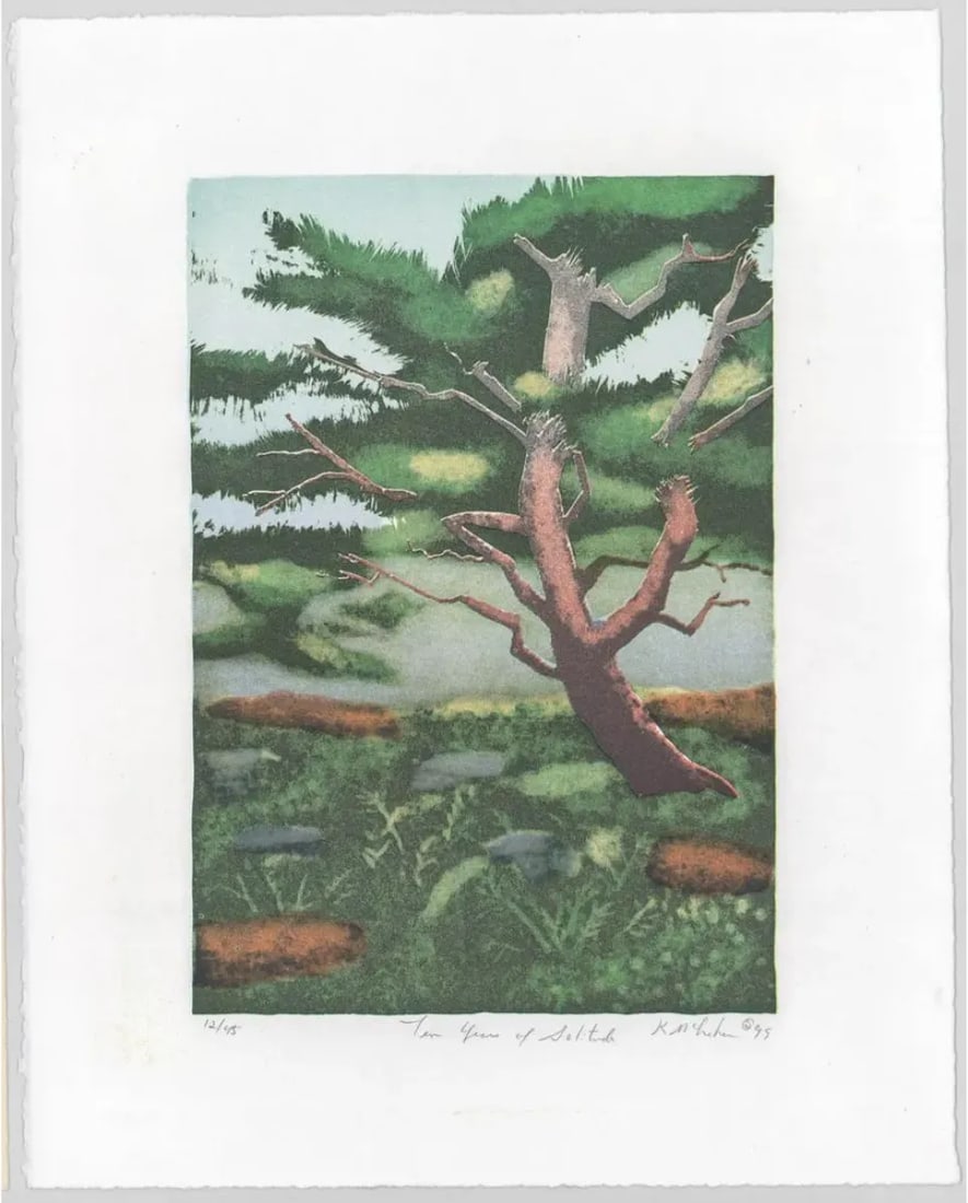 1999 Ten Years of Solitude Contemporary Landscape Linocut - 2
