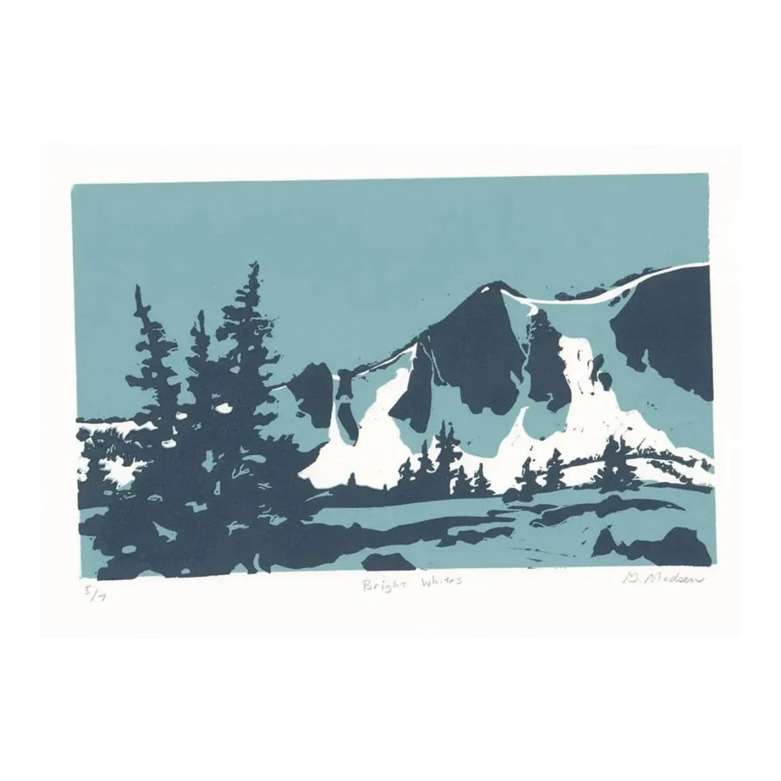Gennie Madsen Bright Whites Mountain Relief Print: White Mountain linocut by Laramie Wyoming artist Ginnie Madsen. Pencil signed, titled and numbered 5 of 7. Condition: Alterations: Original Condition Unaltered Imperfections: Some Imperfections