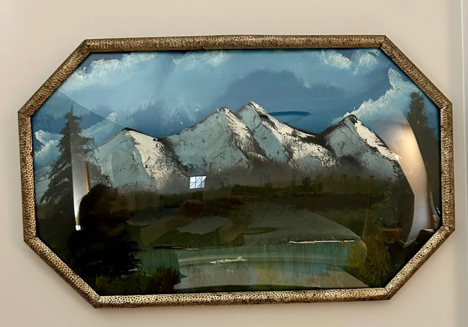 Vintage Mountain Range Oil Painting in Domed Metal Frame - 4