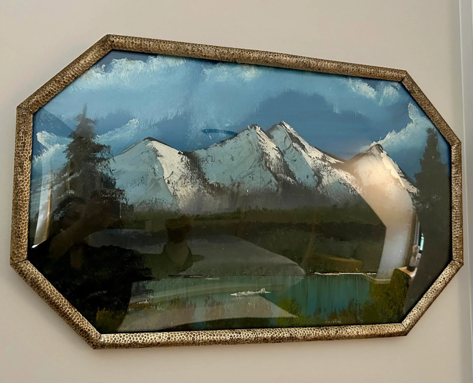 Vintage Mountain Range Oil Painting in Domed Metal Frame - 5