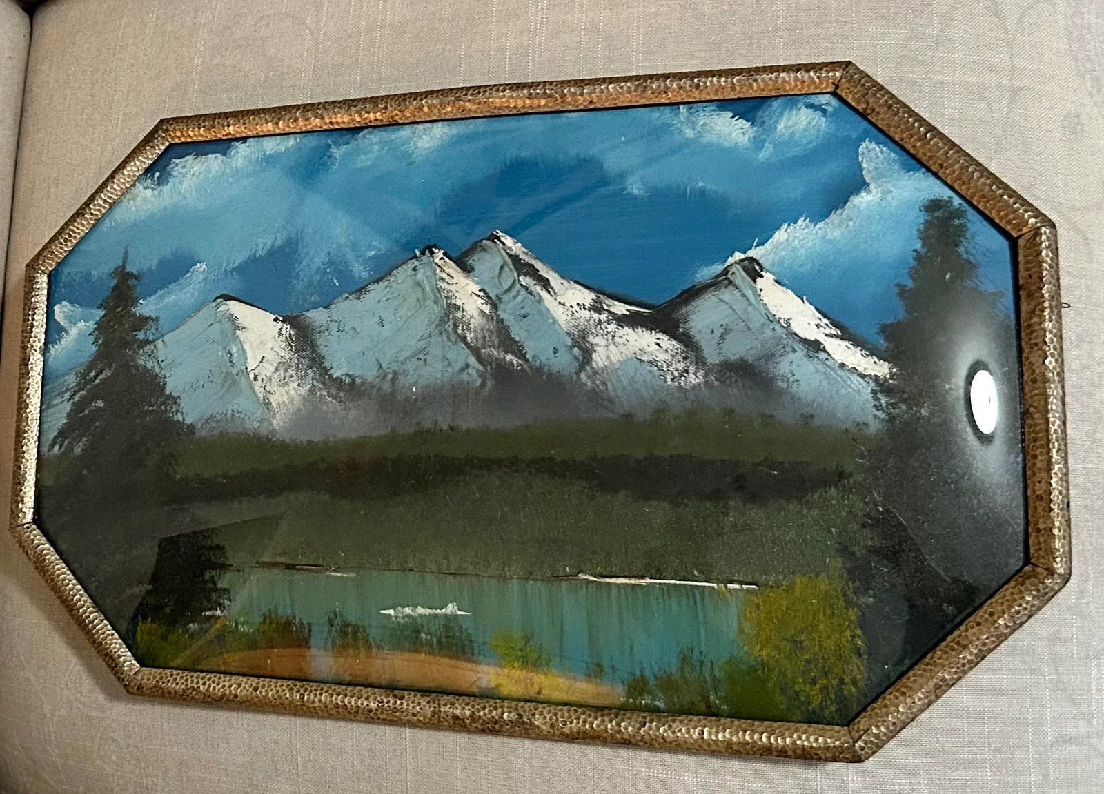 Vintage Mountain Range Oil Painting in Domed Metal Frame - 6