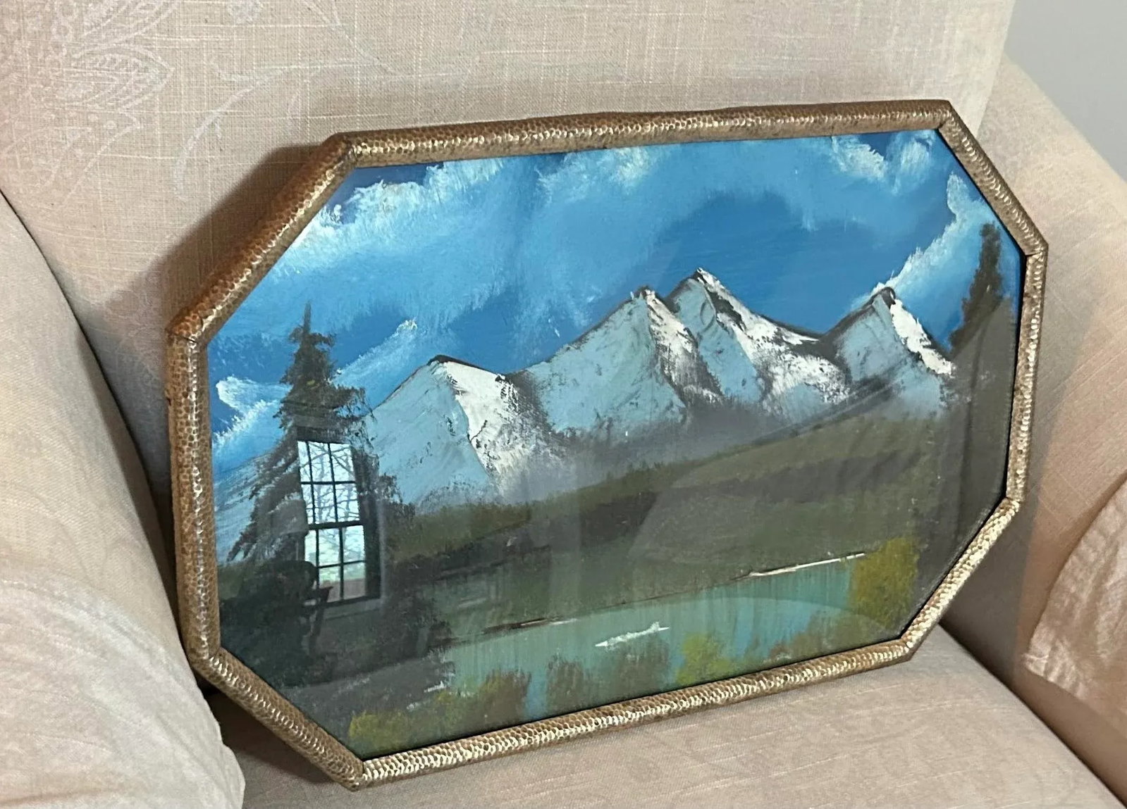 Vintage Mountain Range Oil Painting in Domed Metal Frame - 7