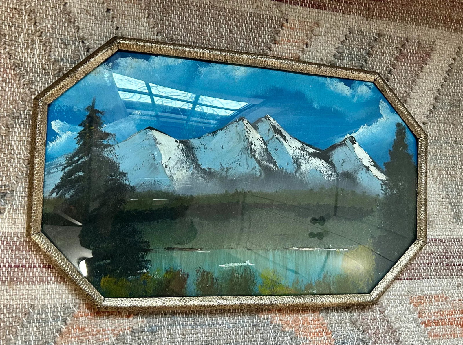 Vintage Mountain Range Oil Painting in Domed Metal Frame - 8