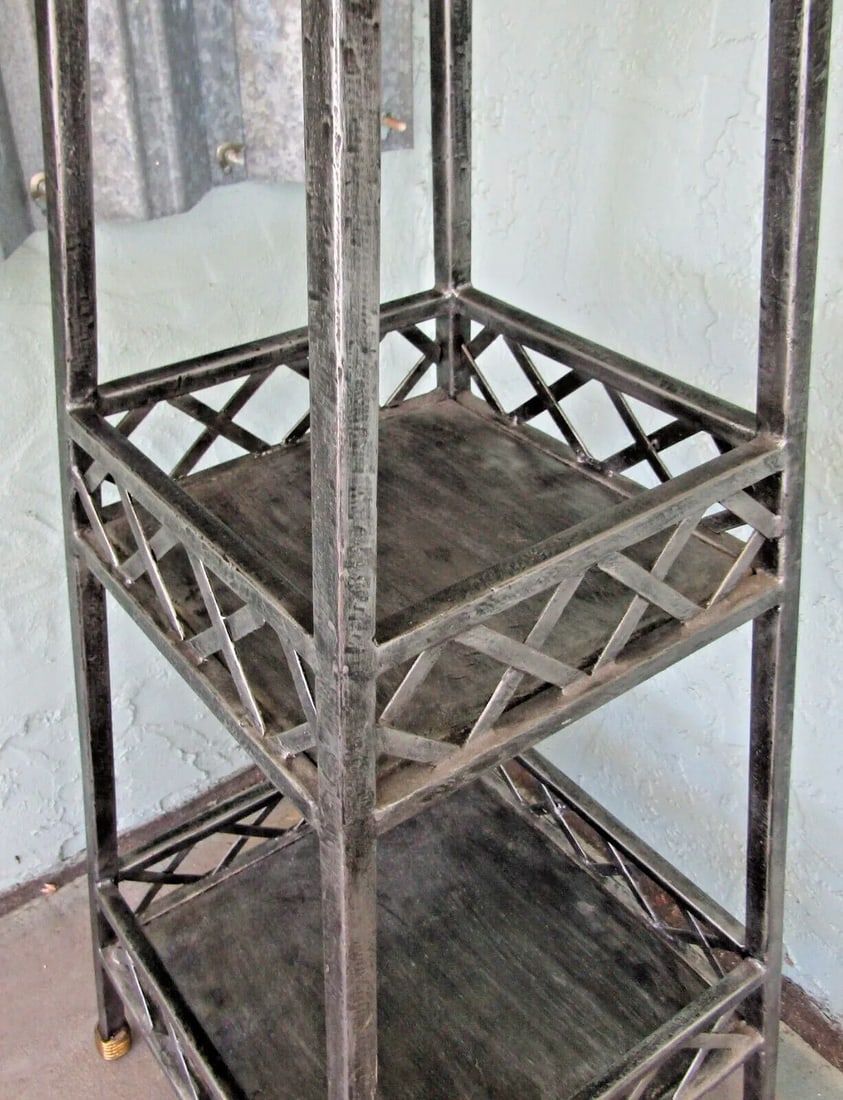 1990s Maitland-Smith Metal Two Shelf Copper Bowl Top Jardiniere Etagere Stand - 5