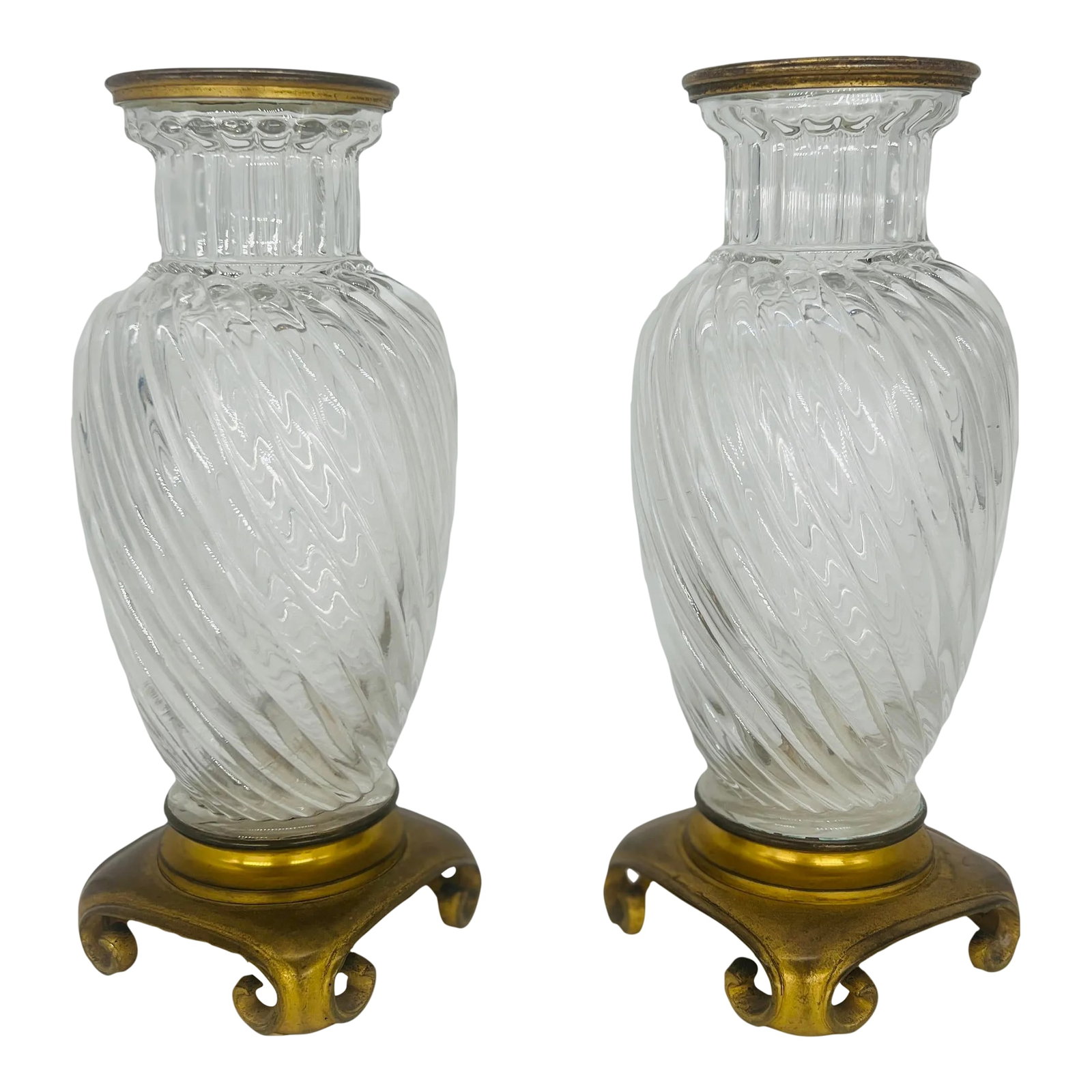 Pair, 19th Century Baccarat Swirl Pattern Bronze Ormolu Mounted Crystal Vases (1 of 12)