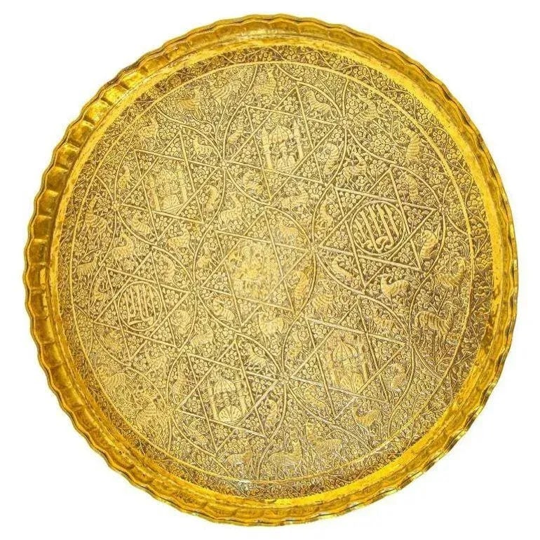 Large Antique Decorative Indo-Persian Mughal Hammered Brass Tray 19th C. - 13