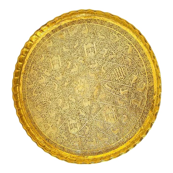 Large Antique Decorative Indo-Persian Mughal Hammered Brass Tray 19th C.: Large antique 19th century handcrafted decorative Indo-Persian Mughal brass tray. Asian metalwork finely embossed and hammered with floral and figural and animals mystique scenes and Arabic