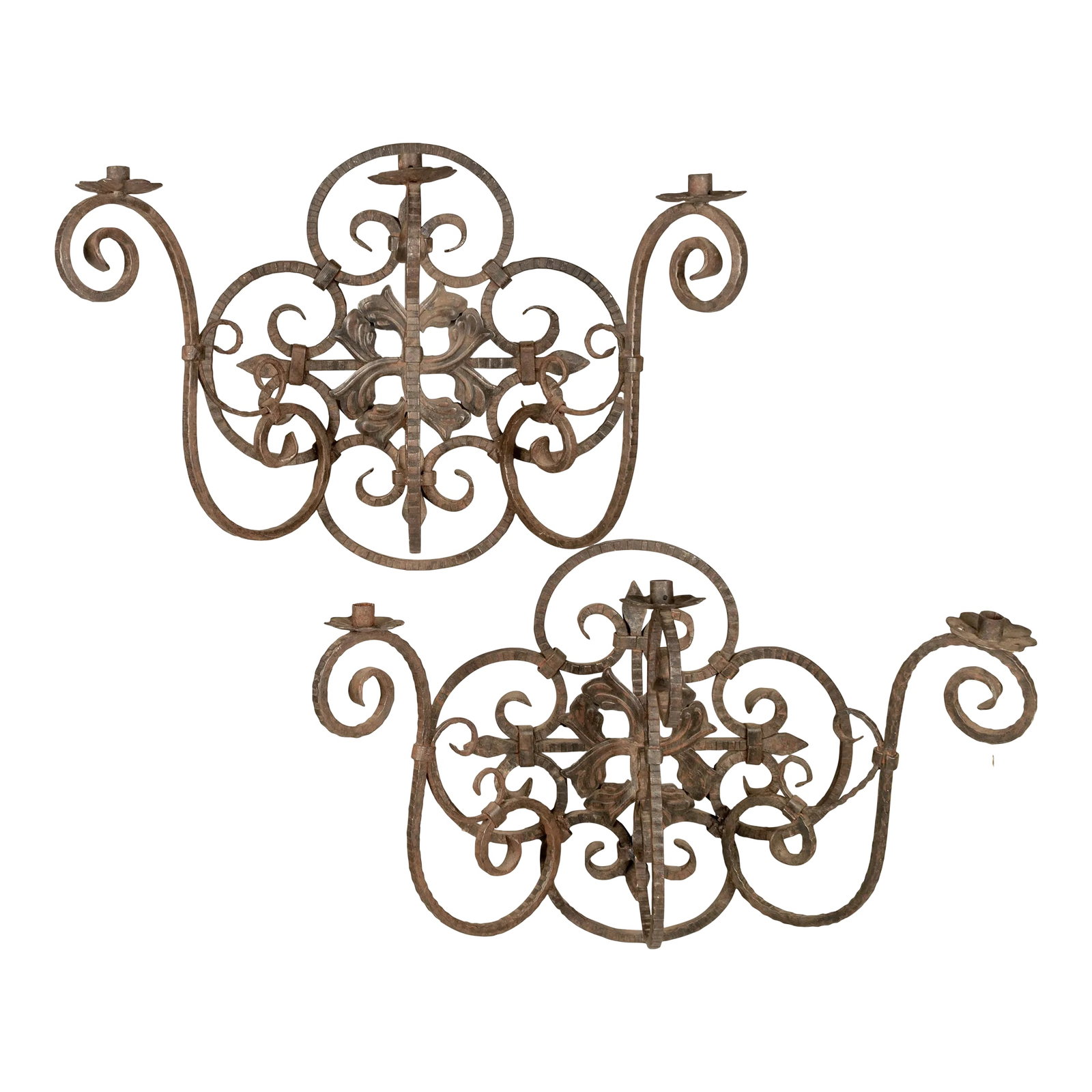 French Art Deco Wrought Iron Sconces Pair: A pair of large French wrought iron and tÃ´le three-light candle sconces with scroll form and rusty bronze patina. Good quality ironwork with nice aged patina. Not wired. Two arms have been