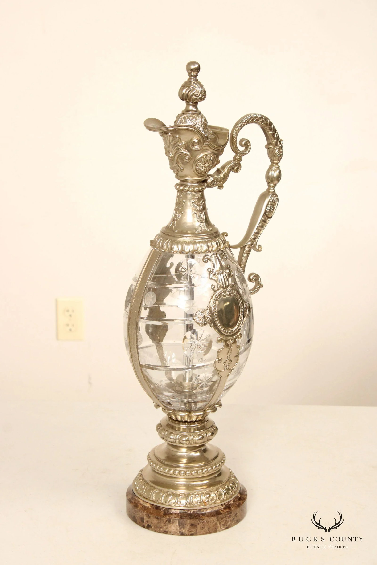Maitland Smith Victorian Style Cut Crystal Silver Plated Ewer Pitcher - 2
