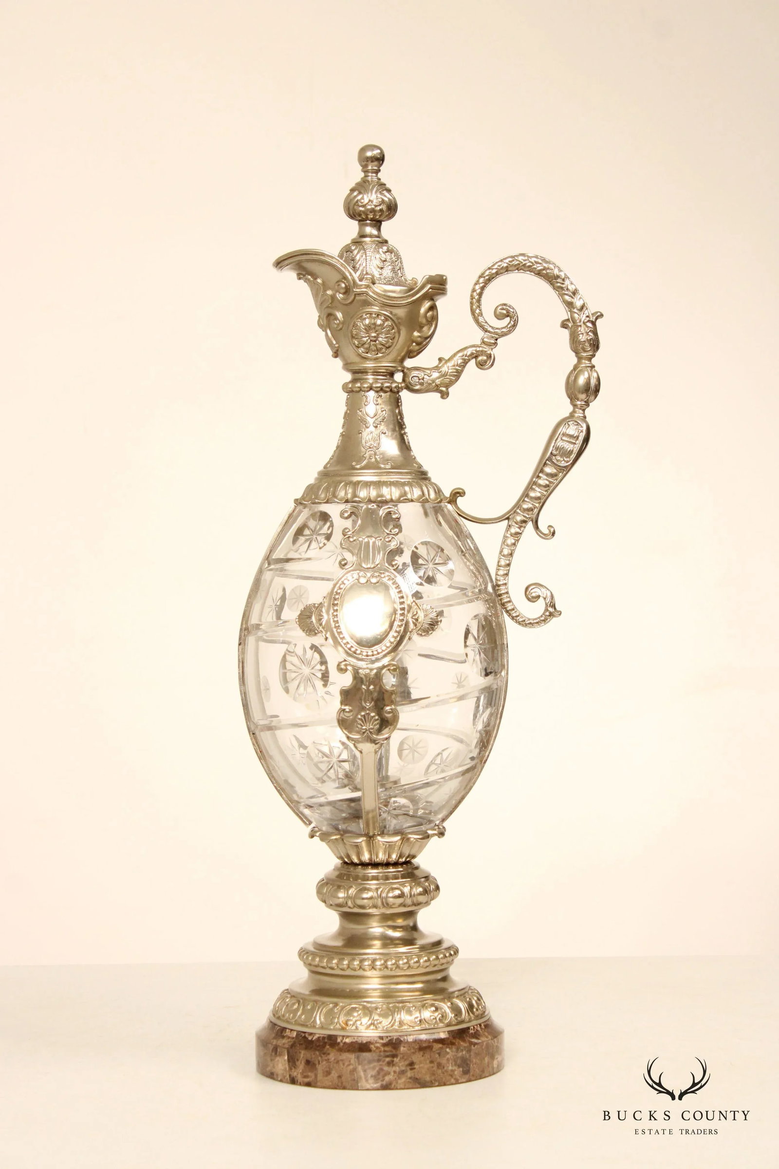 Maitland Smith Victorian Style Cut Crystal Silver Plated Ewer Pitcher - 3