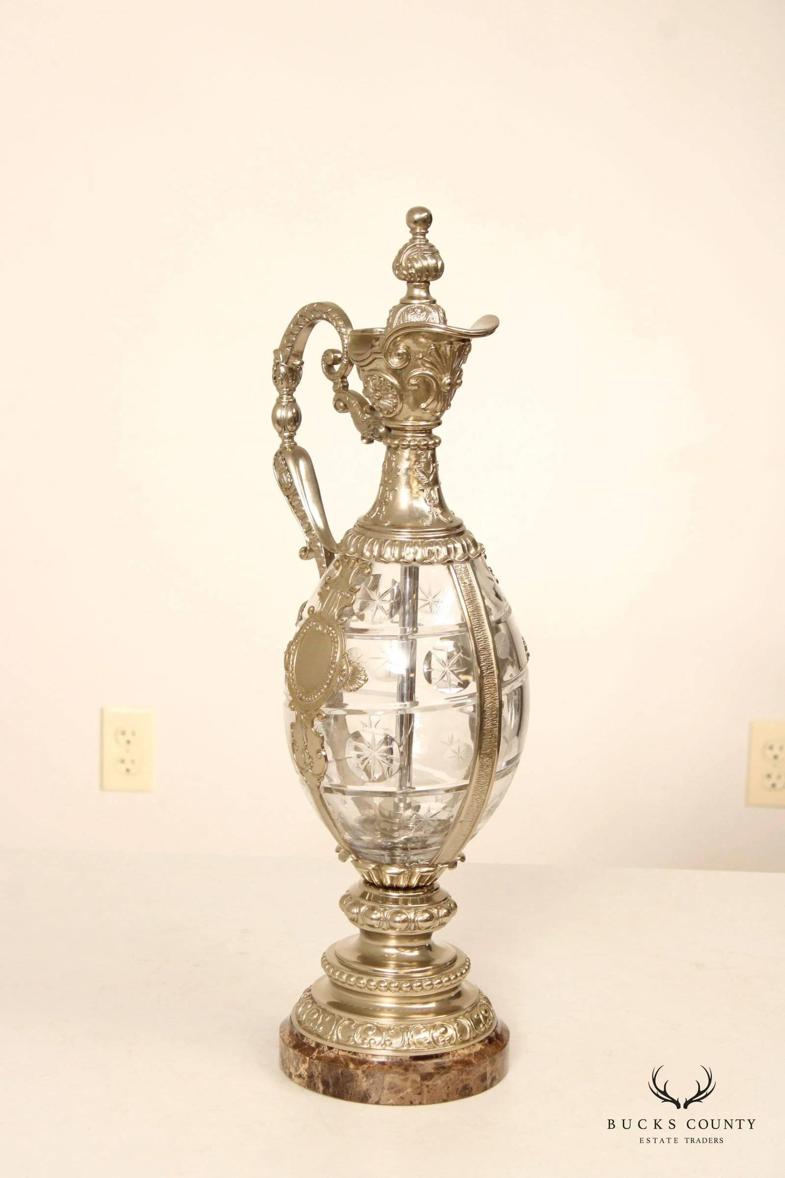 Maitland Smith Victorian Style Cut Crystal Silver Plated Ewer Pitcher - 8