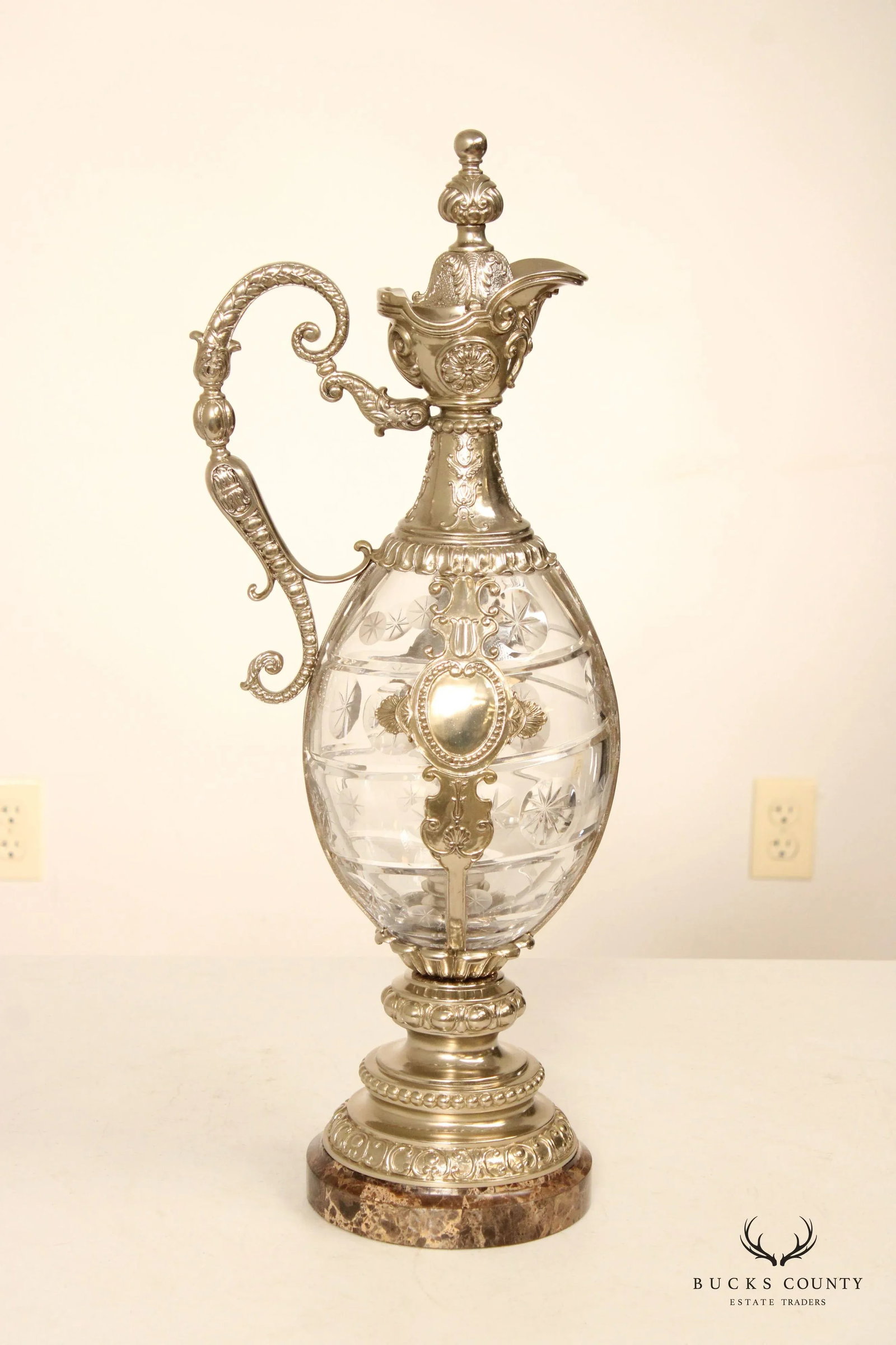 Maitland Smith Victorian Style Cut Crystal Silver Plated Ewer Pitcher - 9
