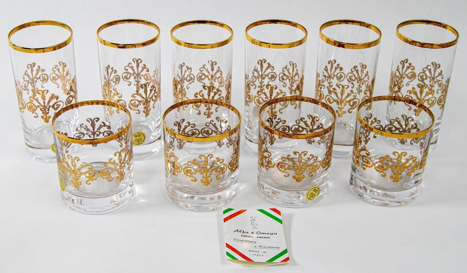 Murano Alfa & Omega Crystal Drinking Glasses Set of 10 Luxury Barware 24 Kt Gold - 12