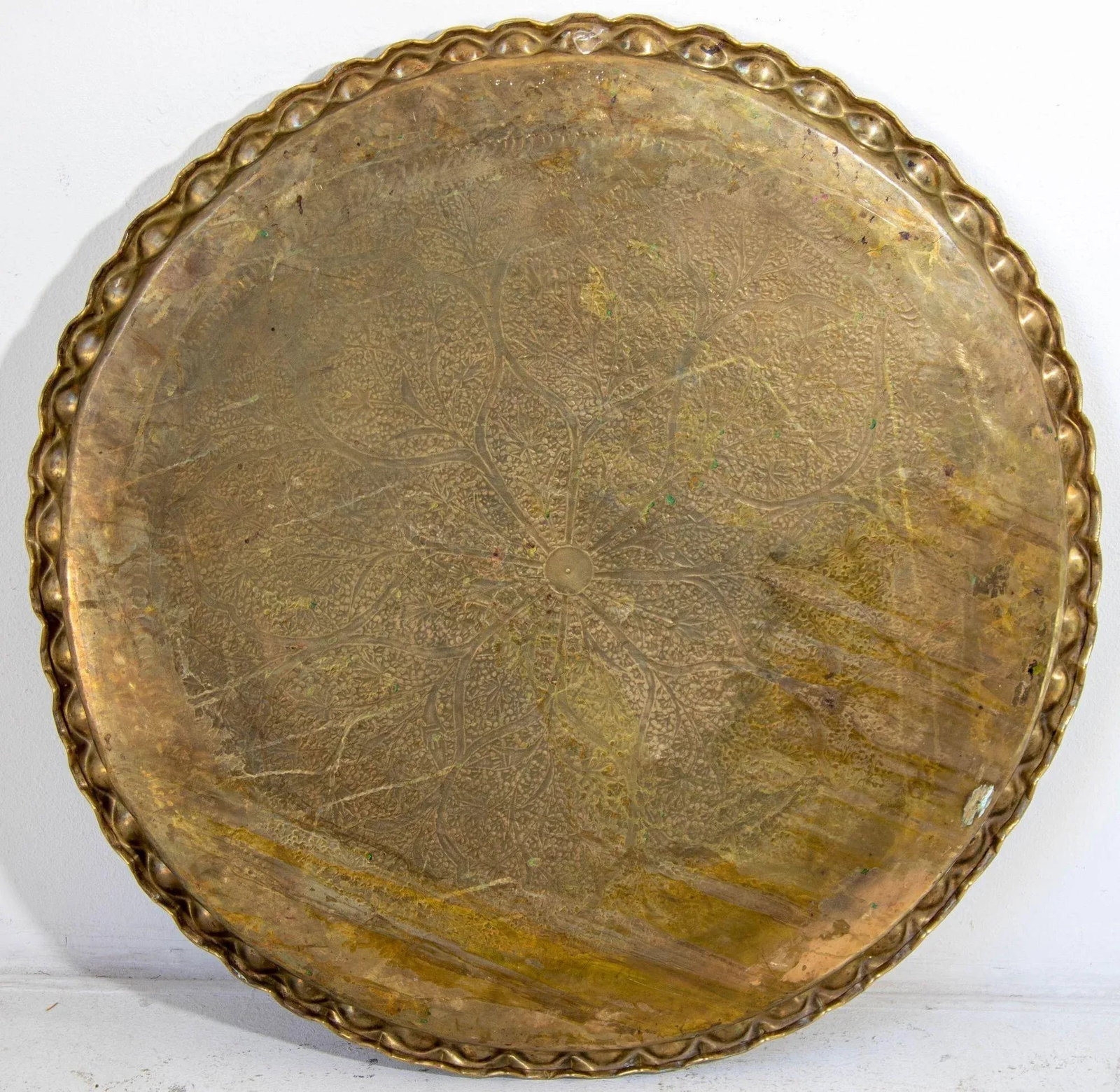 Antique Islamic Mughal Rajasthani Large Moorish Round Brass Tray With Crest Edges 30 In. - 11