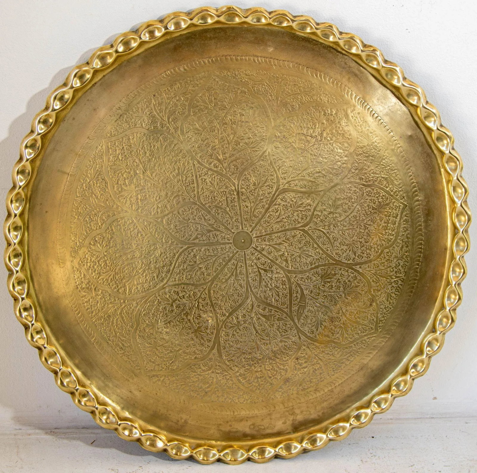 Antique Islamic Mughal Rajasthani Large Moorish Round Brass Tray With Crest Edges 30 In. - 13