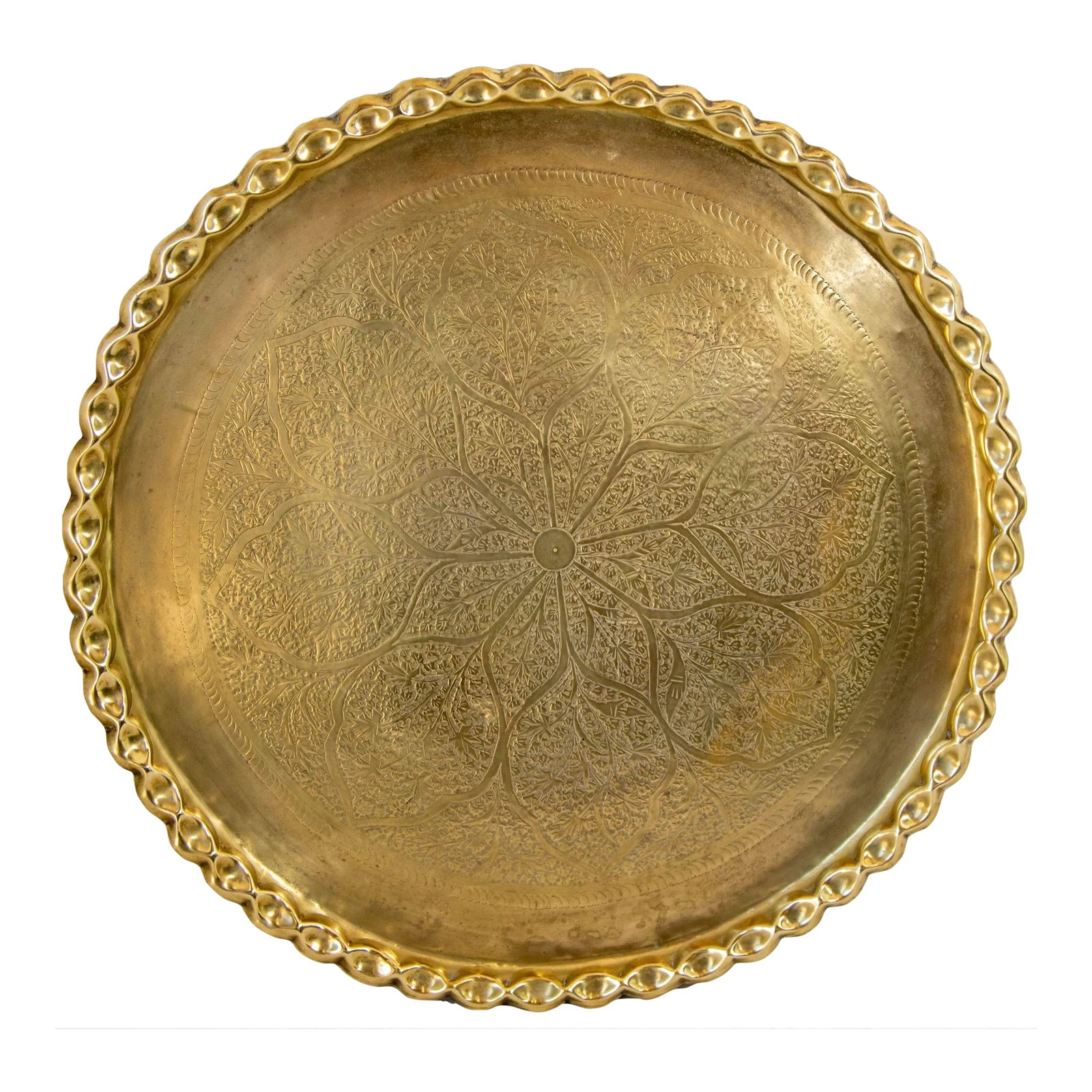 Antique Islamic Mughal Rajasthani Large Moorish Round Brass Tray With Crest Edges 30 In. (1 of 13)