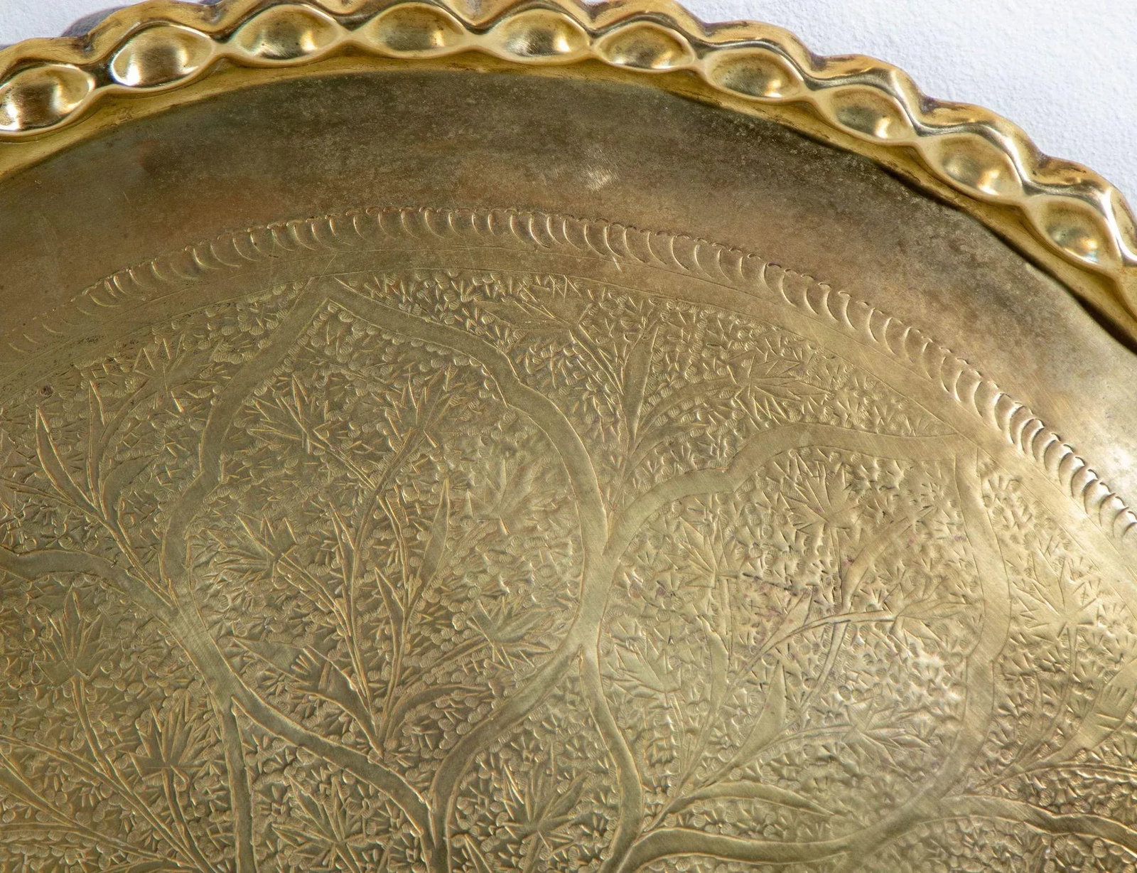 Antique Islamic Mughal Rajasthani Large Moorish Round Brass Tray With Crest Edges 30 In. - 2