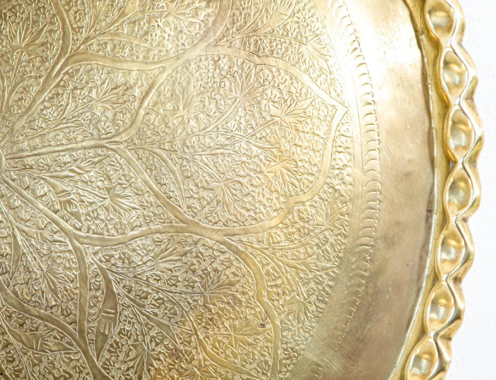 Antique Islamic Mughal Rajasthani Large Moorish Round Brass Tray With Crest Edges 30 In. - 8