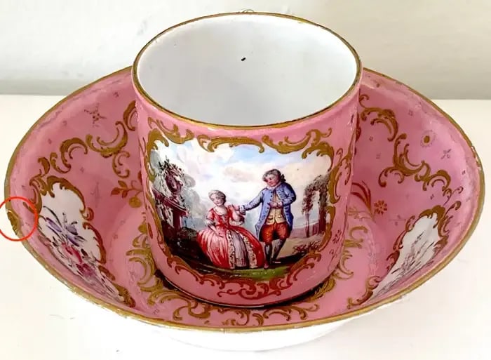 18th C. English Rocco Battersea & Porcelain Companion Cup & Saucer - 4