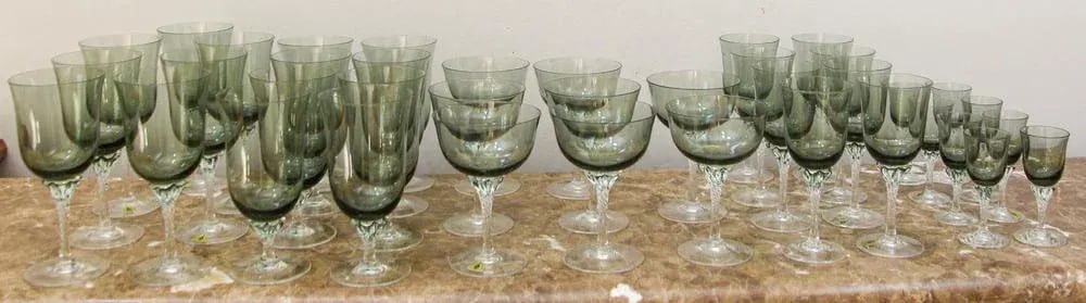 Sasaki Japan Blown Crystal Twist Stem Glasses Smoke Jade Grand Hawthorne Set 40 - 13