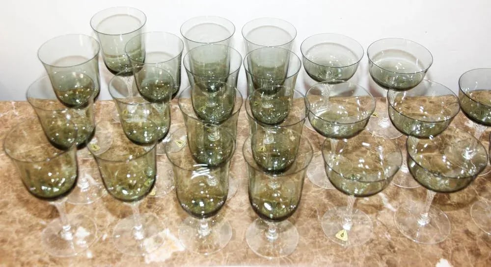 Sasaki Japan Blown Crystal Twist Stem Glasses Smoke Jade Grand Hawthorne Set 40 - 3