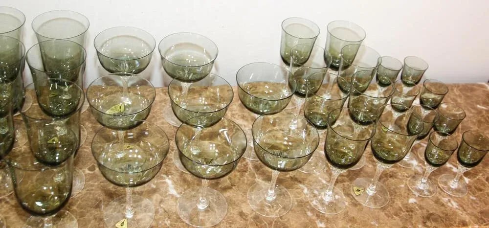 Sasaki Japan Blown Crystal Twist Stem Glasses Smoke Jade Grand Hawthorne Set 40 - 4