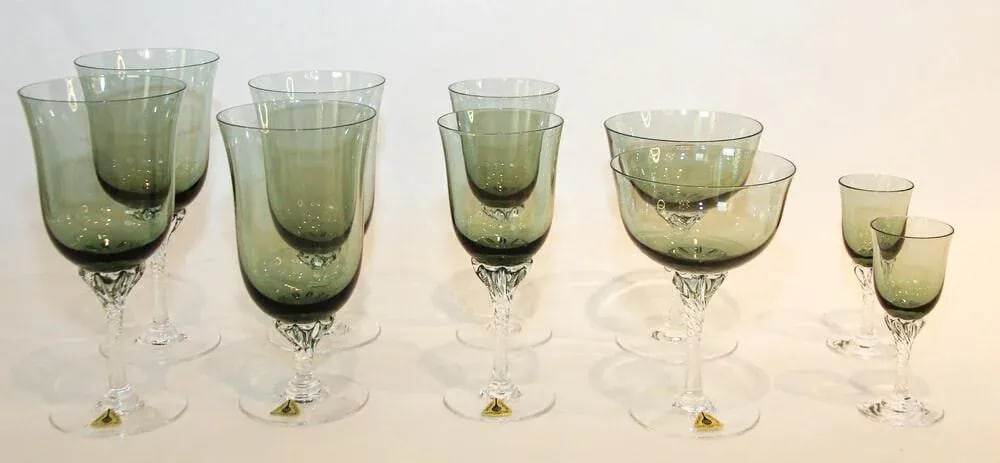 Sasaki Japan Blown Crystal Twist Stem Glasses Smoke Jade Grand Hawthorne Set 40 - 5