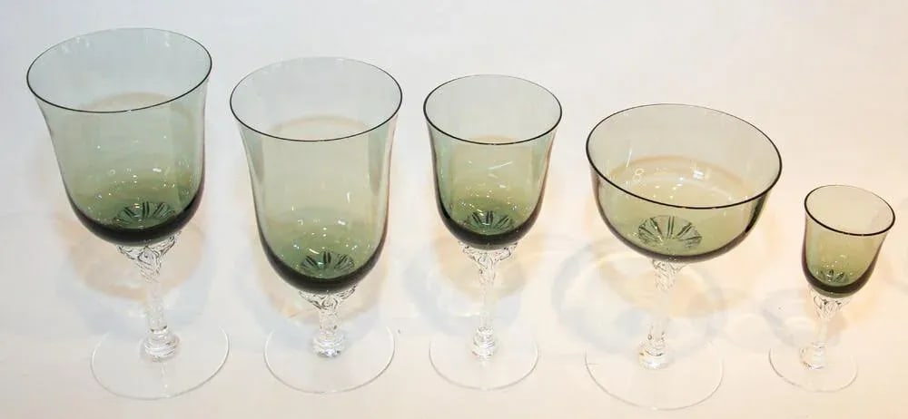 Sasaki Japan Blown Crystal Twist Stem Glasses Smoke Jade Grand Hawthorne Set 40 - 6