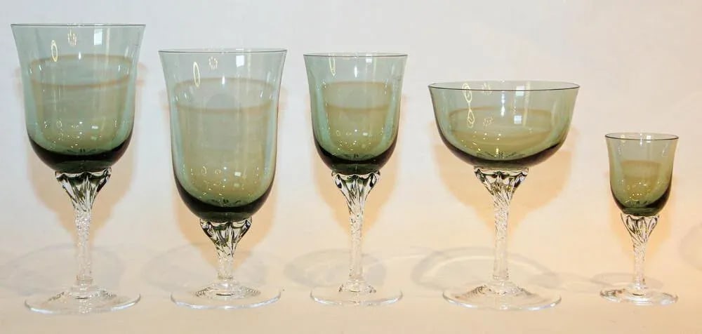 Sasaki Japan Blown Crystal Twist Stem Glasses Smoke Jade Grand Hawthorne Set 40 - 7