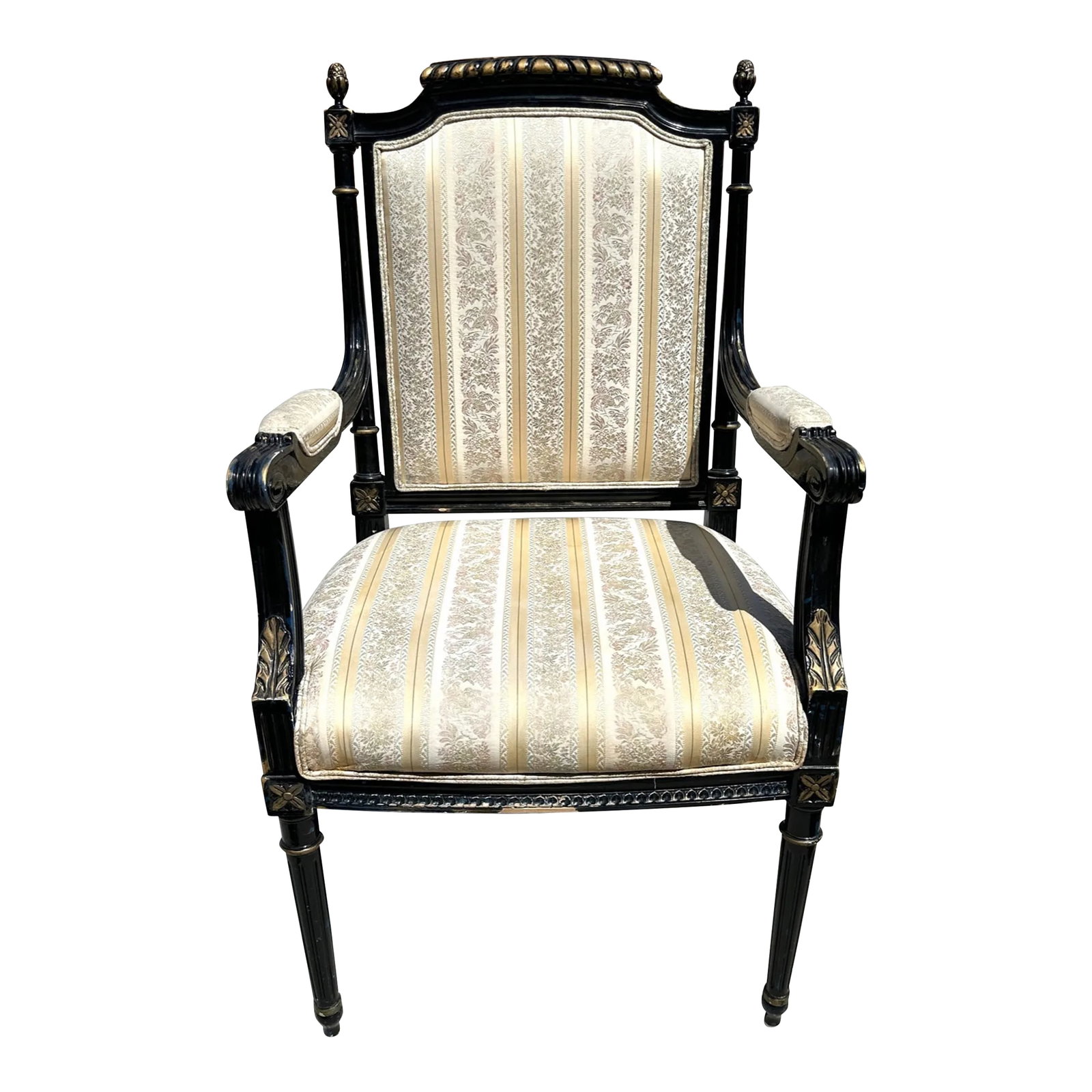 Vintage Louis XVI Arm Chair: Vintage Louis XVI style Accent chair in high gloss black with hints of gold and blue undertones. I think the chair use to be blue, not sure. Perfect for a guest room or accent chair in the home.