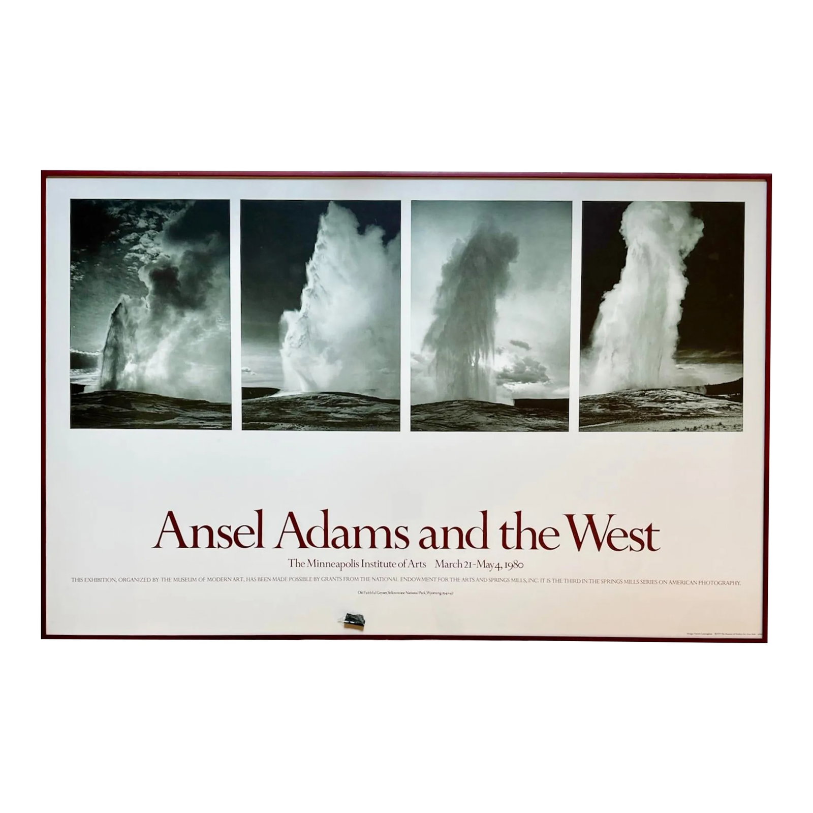 Ansel Adams and the West the Museum of Modern Art Framed Poster: Offering a vintage framed poster of "Ansel Adams And The West" The Museum of Modern Art September 8 - October 28 1979. A series of photographs of the Old Faithful Geyser, Yellowstone National Park,