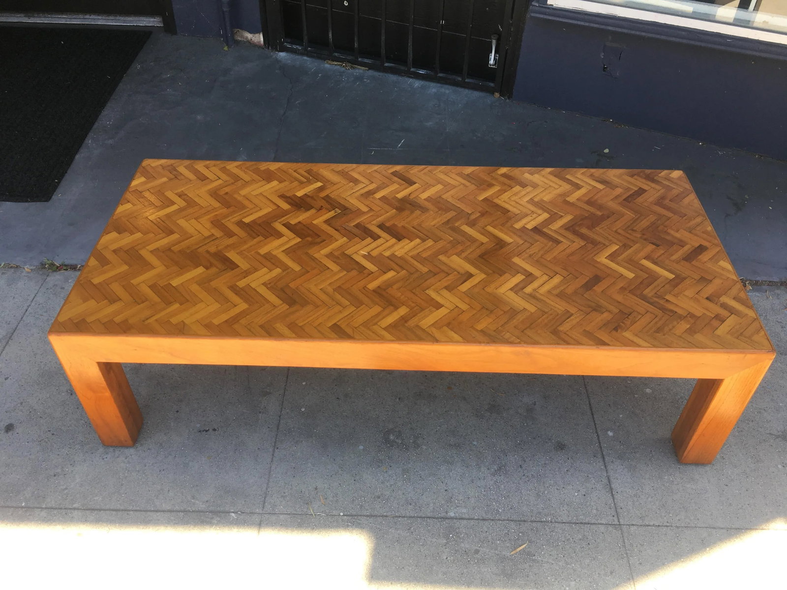 Custom Solid Walnut Coffee Table With Herringbone Top – 1980s–1990s, American Made - 2
