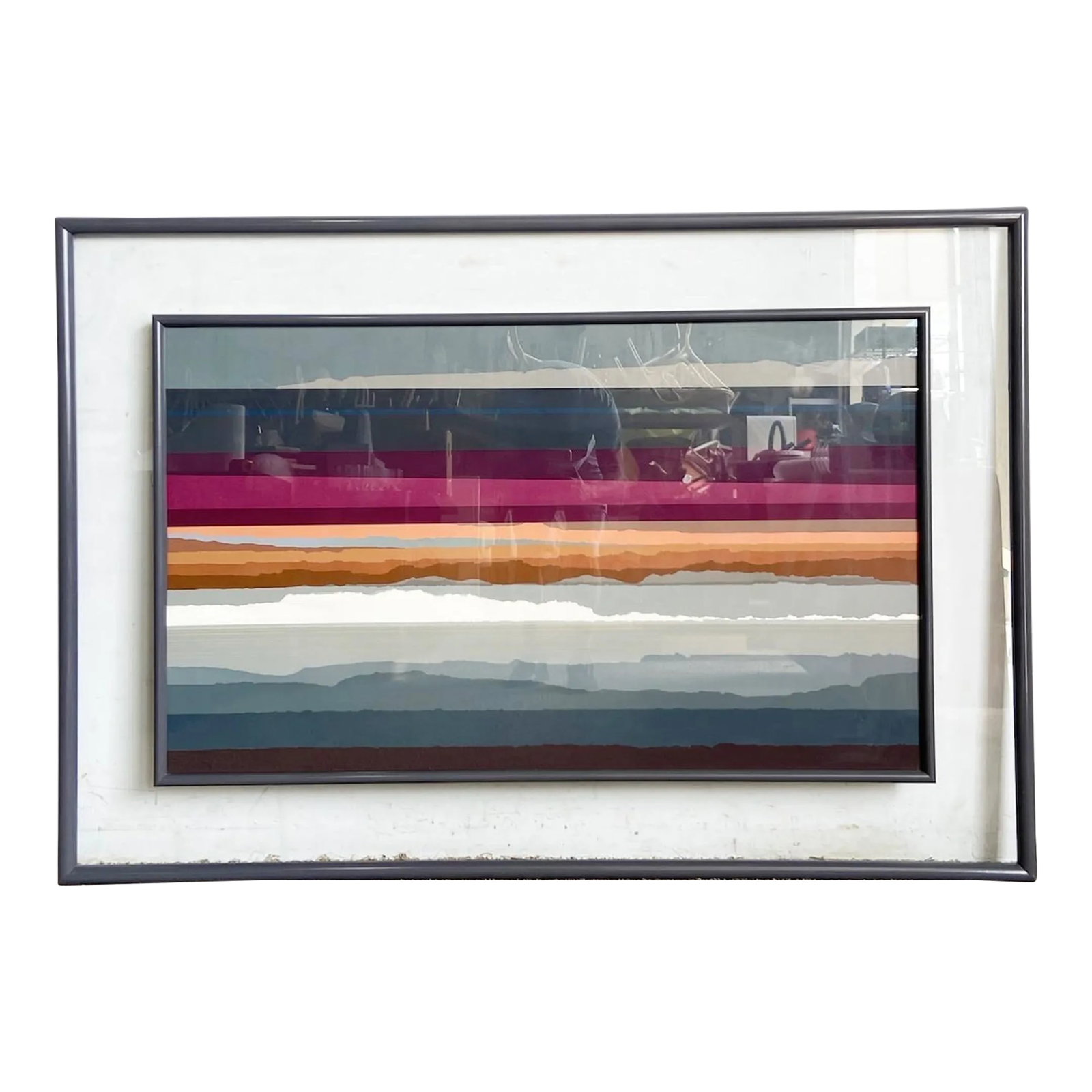 Abstract Landscape Signed and Acrylic Framed Lithograph 84/285: This limited-edition lithograph, numbered 84/285 and signed by the artist, portrays an abstract landscape featuring a stunning mountain-scape set against a vivid sunset. The skillful use of