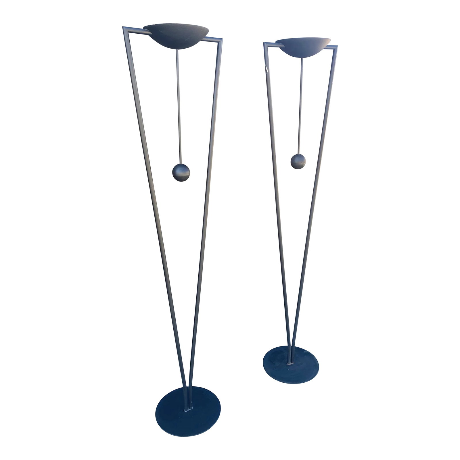 Rare Pair of Ron Rezek Sculptural Floor Lamps "” Postmodern Design With Art Deco & Egyptian: Add a touch of timeless sophistication and bold artistry to your space with this exceptional pair of floor lamps by renowned American designer Ron Rezek, circa 1980s. Rare and highly collectible,