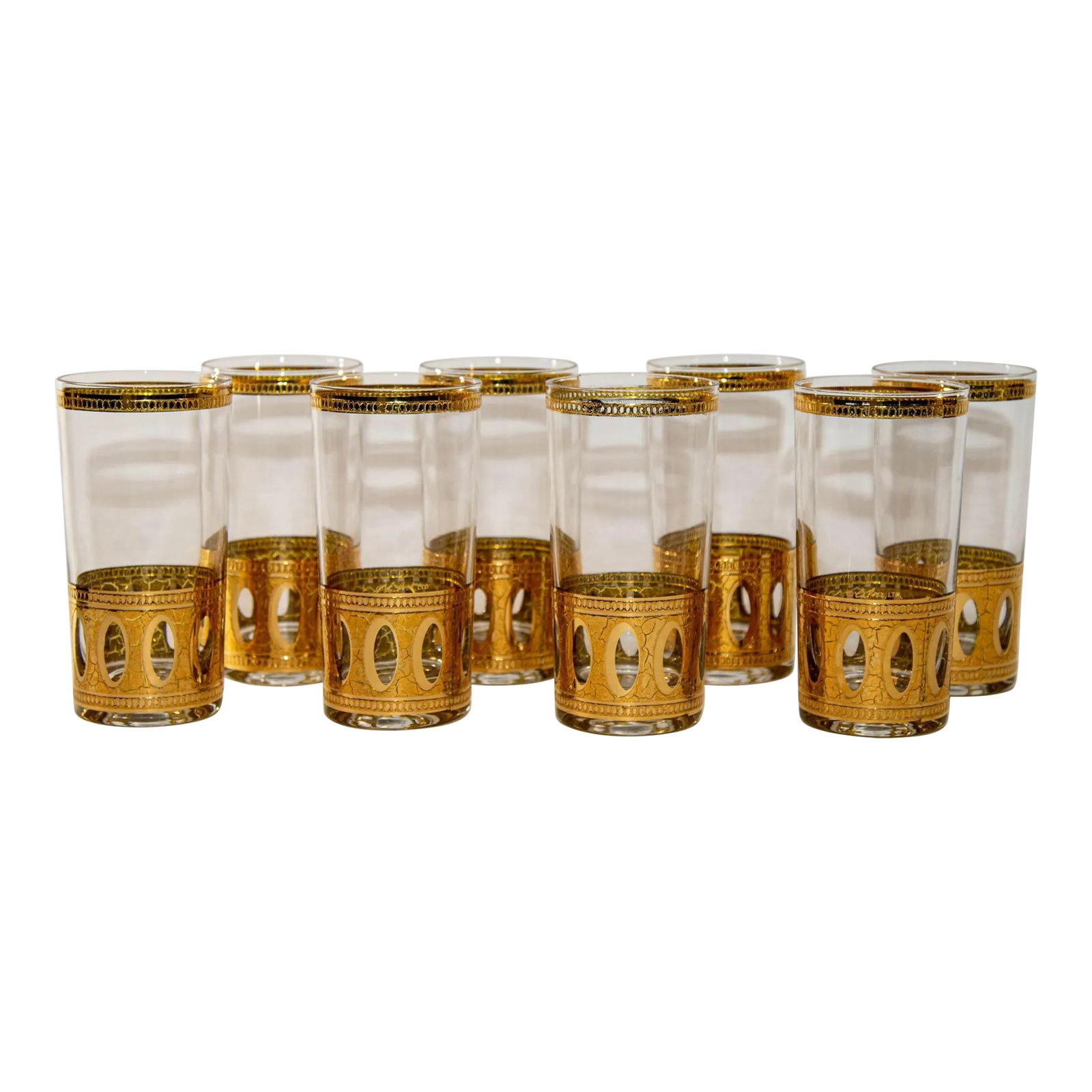 1950 Set of 8 Vintage Culver Ltd Highball Glasses With 22-Karat Gold Antigua: 1950 Set of 8 Vintage Cver Ltd Highball Glasses with 22-Karat Gd Antigua Pattern.Very Mad Men style and perfect for today's cocktail bar.The Cver Ltd pattern is Antigua 22-karat gd, a perfect
