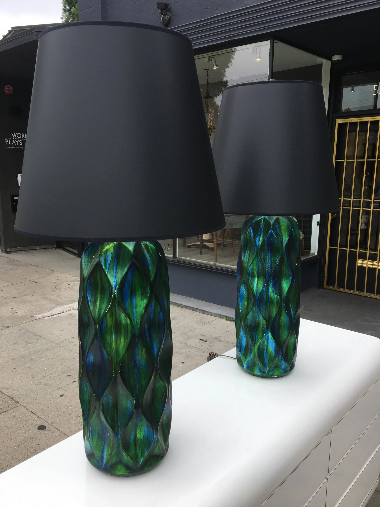 Pair of Tall Mid-Century Iridescent Ceramic Table Lamps – Blue & Green Glaze With Custom - 10