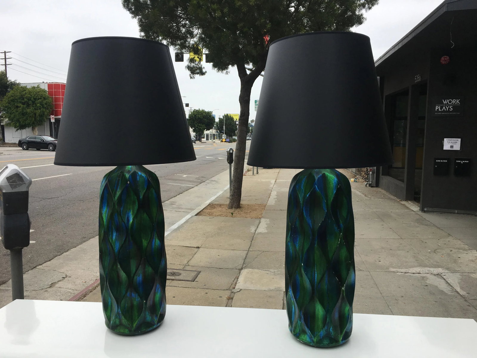 Pair of Tall Mid-Century Iridescent Ceramic Table Lamps – Blue & Green Glaze With Custom - 11
